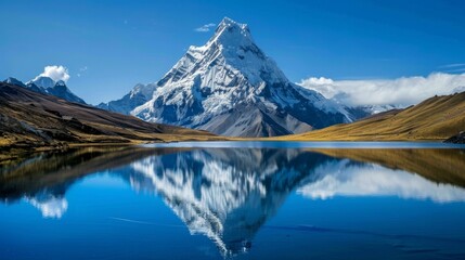 A serene mountain reflected perfectly in a blue lake