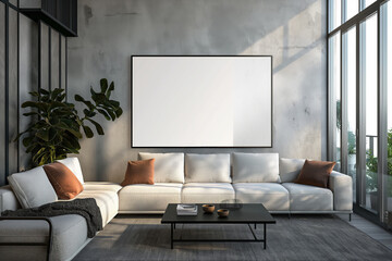 Modern living room with white sectional sofa, black coffee table, abstract art, and natural light. Background with copy space. Mockup