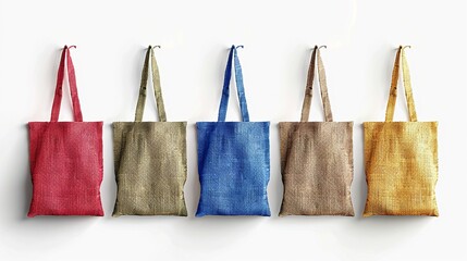 Set of realistic different colors Burlap fabric eco-friendly recycle tote sling bag on white cutout, PNG file. Mockup template for artwork graphic design