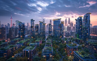 Naklejka premium Modern Urban Skyline With Green Rooftops at Sunset in a Bustling City