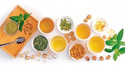  Wooden cutting board with various bowls of diverse foods nearby