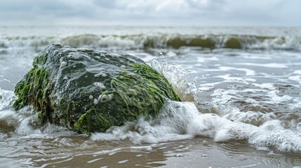 Soft waves lapping at a green rock covered in algae