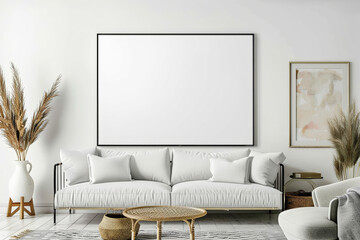 Modern living room with white sofa, pillows, wicker table, large blank wall frame, plants, and decor elements. Background with copy space. Mockup