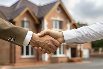 Closeup of a handshake between two individuals with a new home in the background