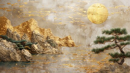 Volumetric Japanese landscapes with mountains and golden elements.