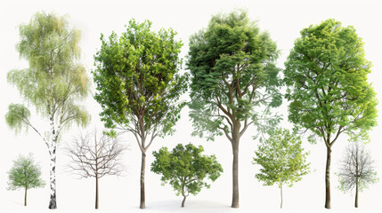 Obraz premium Different species of trees detailed photorealistic spring, turnaround page white background --ar 16:9 Job ID: b681a355-b122-4d86-b105-0af42d91ec27