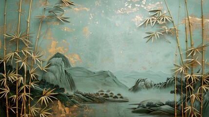 Volumetric Japanese landscape of a bamboo forest with golden elements and flowers.