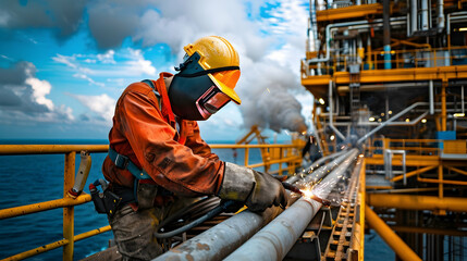 A skilled specialized worker in welding is repairing metal structures on an offshore oil plant.