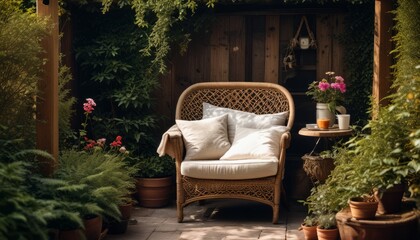 A wicker chair is sitting in a garden with flowers and potted plants