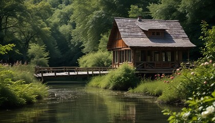 Obraz premium A small cabin is built on a bridge over a river