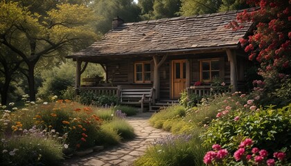 Fototapeta premium A small log cabin with a porch and a path leading to it