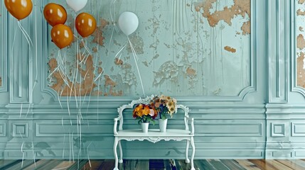  A colorful chair with balloons and a vibrant vase of flowers rests on a rustic table before a peeling paint wall