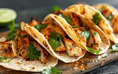 Freshly Prepared Chicken Tacos Served on a Rustic Wooden Table During Daytime