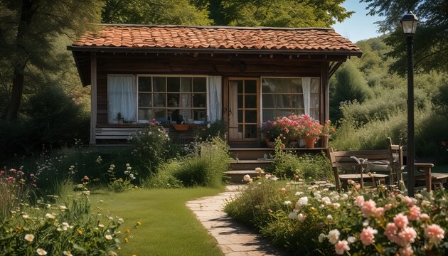 A small house with a porch and a flower garden