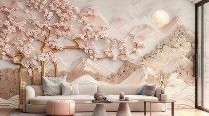 Volumetric Japanese mountain landscape with sakura trees with golden elements and flowers.