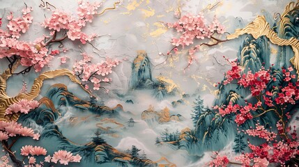 Volumetric Japanese mountain landscape with sakura trees with golden elements and flowers.