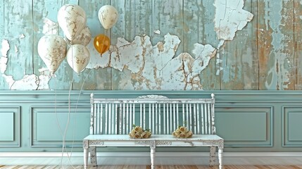   A white bench sits before a wall, adorned with balloons dangling from its sides and atop them