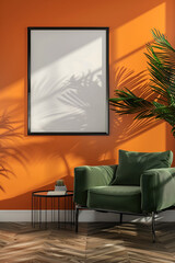 Frame mockup, ISO A paper size. Living room orange wall poster mockup. Interior mockup with house background. Modern interior design. 3D render