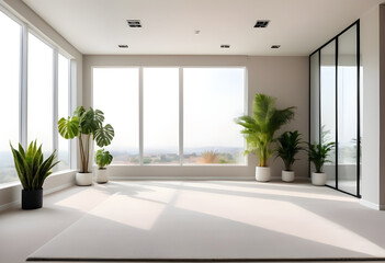 Naklejka premium An empty livingroom with plants windows carpet Augmented reality mockup pattern frame