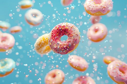 Flying donuts. Mix of multicolored doughnuts with sprinkel on blue background. 