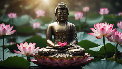 Serene depiction of a Buddha statue surrounded by blooming lotus flowers, symbolizing enlightenment and purity.