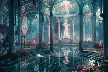 Obraz premium Step into the enchanted forest conservatory, a magical and mystical indoor wonderland of ethereal flora, glowing fountain, and ornate architecture