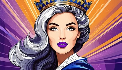 Queen, girl with crown and purple lips, pop art