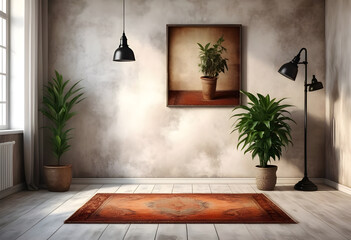 An empty livingroom with plants windows carpet Augmented reality mockup pattern frame