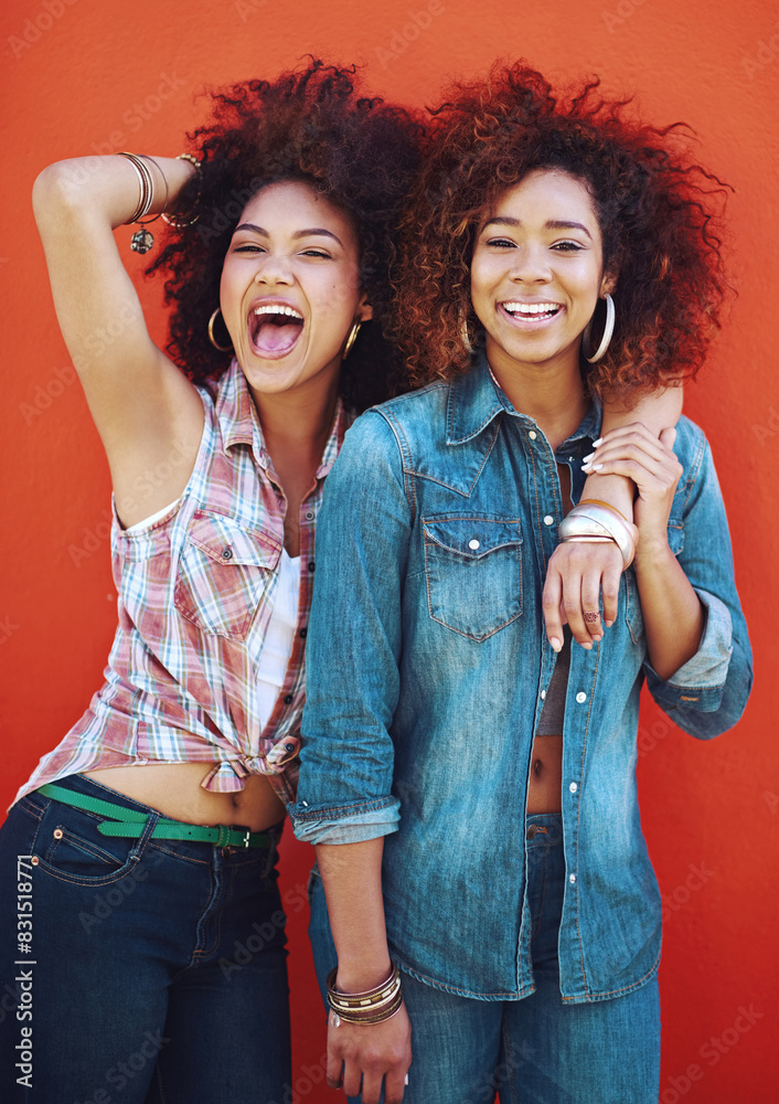 Poster Girls, friends and portrait or fashion in studio with casual style, trendy outfit and confidence on red background. Women, people and crazy in city with streetwear, afro and pride in edgy clothes