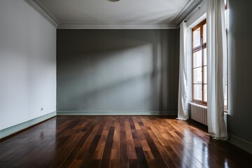 Empty room with gray wall, tall window, white curtains, wooden floor, and light ceiling