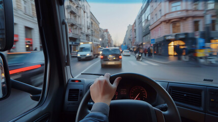First person view (FPV) from a large truck driven by a truck driver.