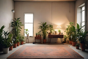An empty livingroom with plants windows carpet Augmented reality mockup pattern frame