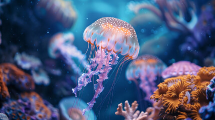Obraz premium Beautiful glowing jellyfish in an aquarium with corals and other sea creatures, underwater scene. Real photo. The jellyfish are depicted in the style of nature
