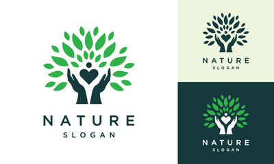 Nature hand logo design template. Leaf and hand nature logo design inspiration