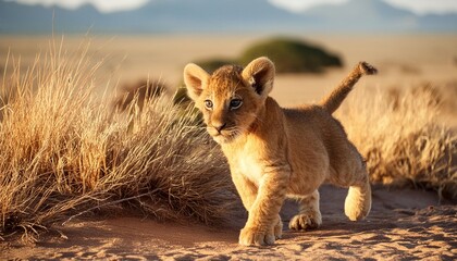 small lion cub walking in the savanna