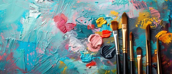 Fototapeta premium Colorful abstract painting with various paintbrushes on a palette. Artistic background with vibrant paint splashes and textures.