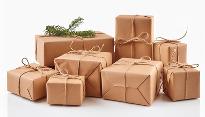 assorted brown kraft paper wrapped gift boxes on white background cut out