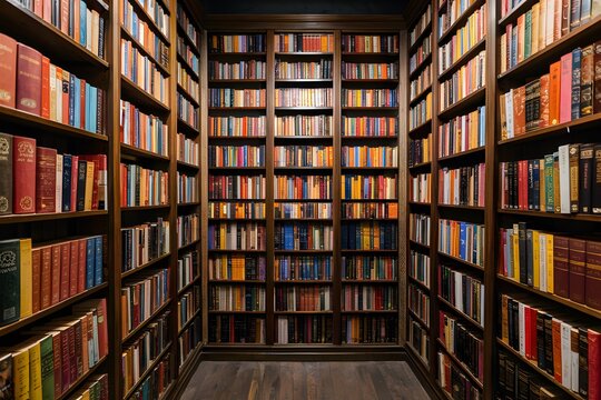 An inviting old fashioned library with colorful books on towering wooden shelves
