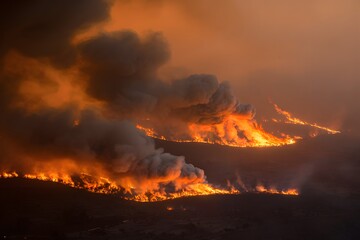Landscape consumed by wildfire, flames and smoke cast orange glow, intense environmental impact captured