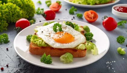 a white plate adorned with a fried egg toast and vegetables