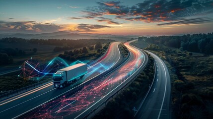 Fototapeta premium Futuristic Autonomous Truck on a Digital Highway at Sunset Generative AI