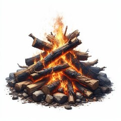 Campfire Burning firewood isolated on a white background