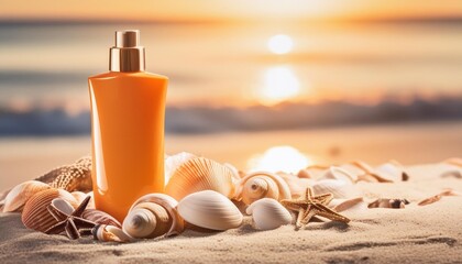 suntan lotion cosmetic cream on sand beach with seashells