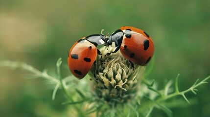   A pair of ladybugs resting on a lush green foliage atop a field