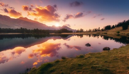stunning sunrise over the lake with vibrant colors reflecting in the water in a zen and calm enviroment