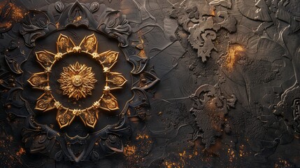 Volumetric mandala on a dark background with golden elements.