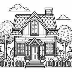 Charming Cottage Coloring Page with Garden for Kids