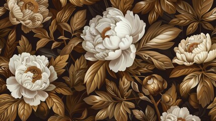 Floral Pattern with White and Brown Peonies, Generative AI