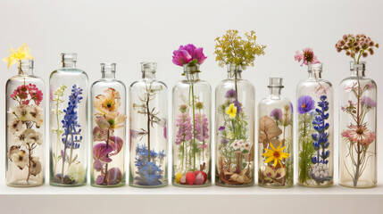 Delicate Flowers Preserved in Glass Bottles. Nature's Fragility and Timeless Beauty
