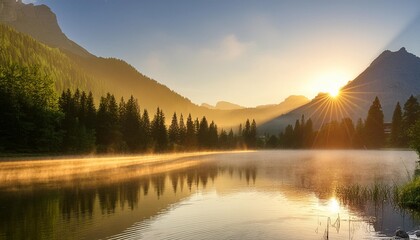a serene mountain lake at sunrise with mist rising from the water s surface and the surrounding peaks bathed in soft golden light capturing the tranquility and majesty of nature